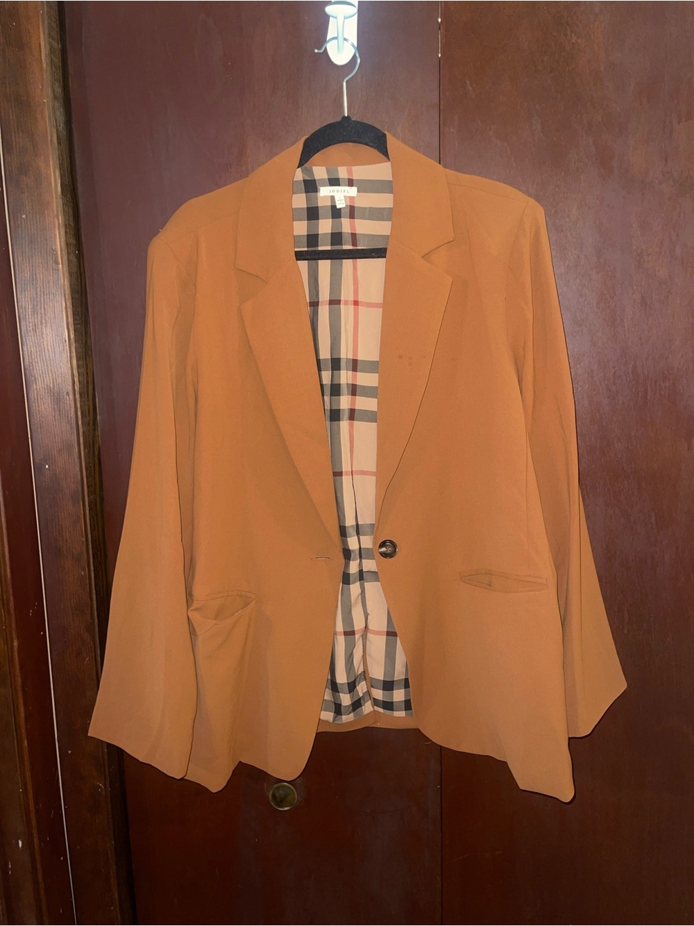 JODIFL Burnt Orange Women's Blazer with Plaid Lining